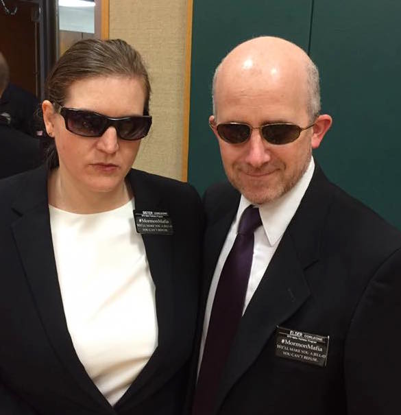 John and Tania Lyon, a.k.a. "Elder and Sister Corleone," attended their ward Halloween party in Pittsburgh as the #MormonMafia. (The nametag promises, "We'll make you a Jell-O you can't refuse.")