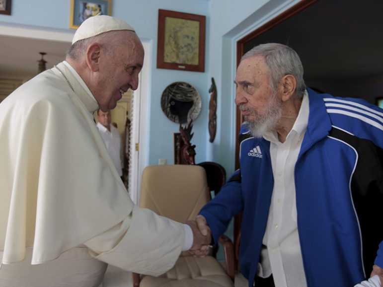 Pope Francis meets with former Cuban President Fidel Castro in Havana, Cuba, on September 20, 2015. Photo courtesy of Reuters/Alex Castro-Castro Family/Handout via Reuters 
*Editors: This photo may only be republished with RNS-CASTRO-FAITH, originally transmitted on November 28, 2016.