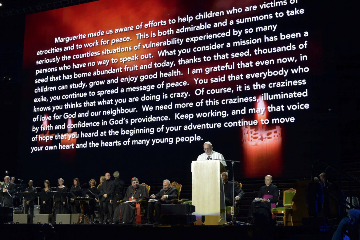 Pope Francis speaks during a meeting at the Malmo Arena in Malmo