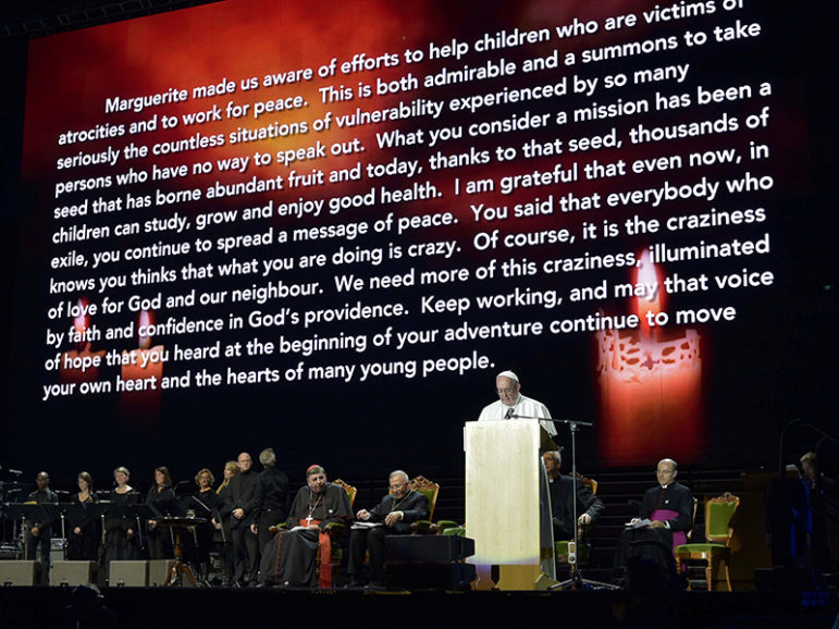 Pope Francis speaks during a meeting at the Malmo Arena in Malmo, Sweden, October 31, 2016.   Photo courtesy of Reuters/Osservatore Romano