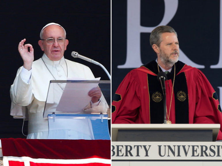 (Left) Pope Francis gestures during his Sunday Angelus prayer in Saint Peter's square at the Vatican on July 17, 2016. Photo courtesy of REUTERS/Tony Gentile
(Right) Liberty University president Jerry Falwell Jr. speaks during Liberty University's 43rd Commencement Ceremony on May 14, 2016. Photo by Joel Coleman, courtesy of Liberty University