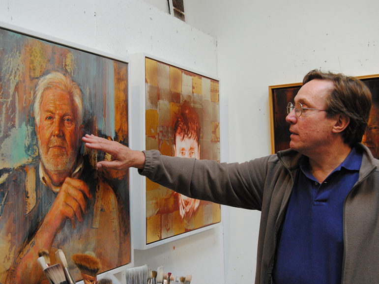 Artist Bruce Herman explains technique at his Gloucester, Mass., studio. RNS photo by G. Jeffrey MacDonald