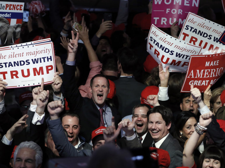 Supporters celebrate as returns come in for Republican U.S. presidential nominee Donald Trump during an election night rally in Manhattan, on November 9, 2016. Photo coutesy of Reuters/Mike Segar
*Editors: This photo may only be republished with RNS-LUPFER-OPED, originally transmitted on Nov. 14, 2016.