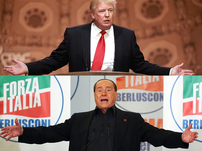Donald Trump, top, speaks at the 2014 Conservative Political Action Conference in National Harbor, Md., on March 6, 2014.   Photo by Gage Skidmore courtesy of Flickr Commons.
Former Italian Prime Minister Silvio Berlusconi, bottom, gestures as he speaks in Rome on May 10, 2016. Photo courtesy of REUTERS/Alessandro Bianchi
