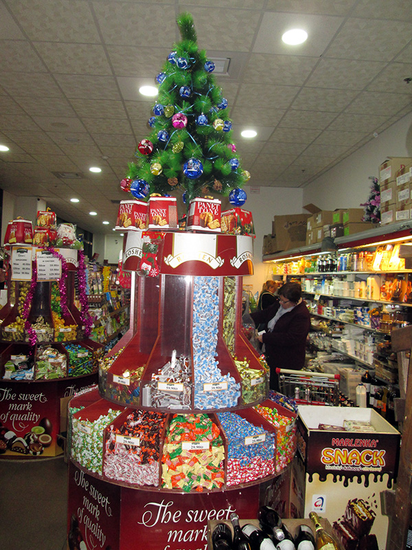 A Jerusalem store with a non-kosher clientele is decked out for Christmas. Although Hanukkah is the central winter holiday in most of Israel, Christmas is becoming more mainstream. RNS photo by Michele Chabin
