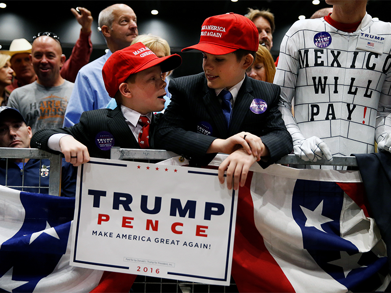 Young supporters of Republican presidential nominee Donald Trump wait for him to appear at a campaign rally in Sioux City, Iowa, on Nov. 6, 2016. Photo courtesy of Reuters/Carlo Allegri *Editors: This photo may only be republished with RNS-FARNSLEY-OPED, originally transmitted on Dec. 7, 2016.