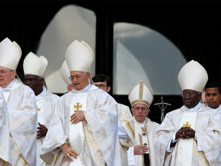 Pope Francis (third from right) arrives to lead a Mass for the Jubilee for Priests at St. Peter's Square at the Vatican on June 3, 2016. Photo courtesy of Reuters/Alessandro Bianchi
*Editors: This photo may only be republished with RNS-GAYPRIEST-BAN, originally published on Dec. 8, 2016.