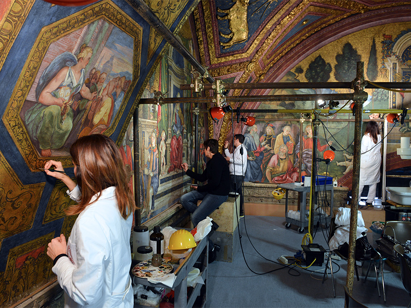 Art restorers at work in the Liberal Arts room of the Borgia Apartments in the Vatican Museum on Dec. 12, 2016. Photo courtesy of Chris Warde-Jones