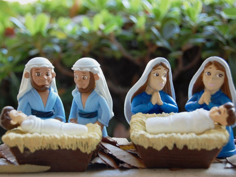 The gay Joseph and lesbian Mary Nativity scenes available as ornaments and cards.  Photo courtesy of Zazzle.com