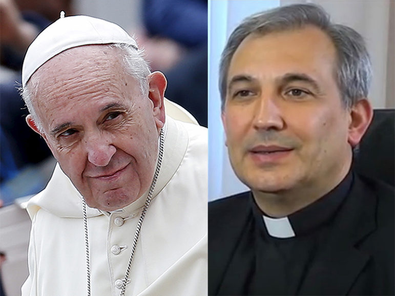 Left, Pope Francis arrives in St. Peter's Square at the Vatican on April 27, 2016. Photo courtesy of Reuters/Alessandro Bianchi;
right, Monsignor Lucio Vallejo Balda is shown in a YouTube video.
