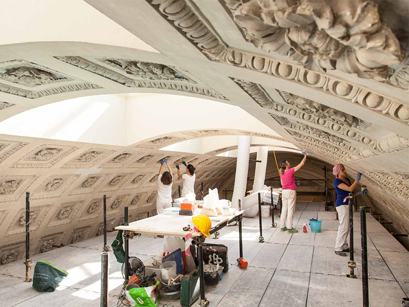 Workers restore the ceiling of the Braccio Nuovo Gallery at the Vatican Museums in Rome, Italy, on May 11, 2015. TheBraccio Nuovo Gallery contains 140 sculptures and will be open to the public beginning Wednesday December 21. Photo courtesy of the Vatican Museums