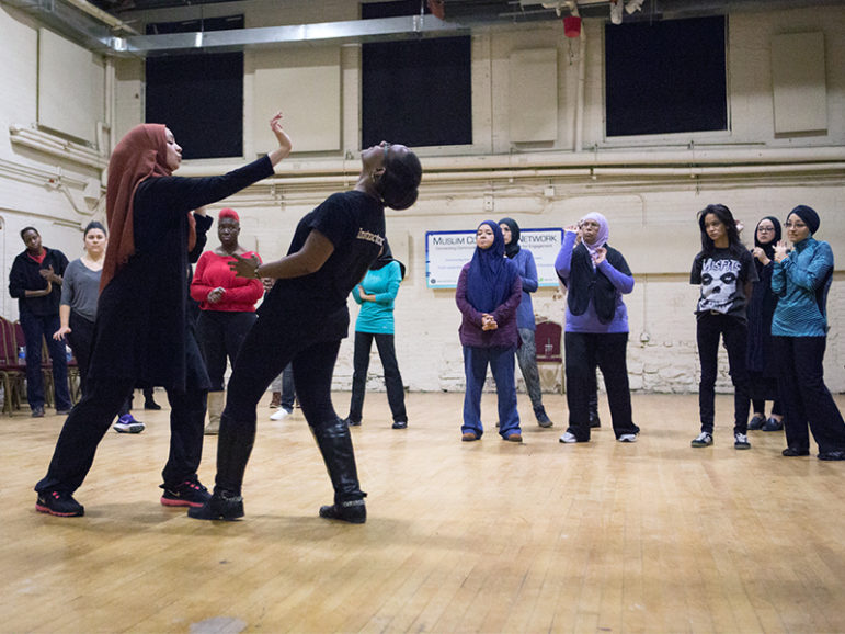 Women participate in a self-defense class at the Muslim Community Network in New York City on Dec. 3, 2016. Photo courtesy of Sai Mokhtari/Gothamist