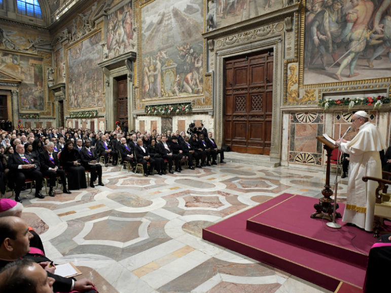 Pope Francis delivers his annual address to diplomats accredited to the Holy See for the traditional exchange of New Year's greetings at the Vatican on Jan. 9, 2017. Photo courtesy of Osservatore Romano via Reuters