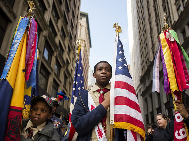 Members of the Boy Scouts wait to march in the Veterans Day parade on Fifth Avenue in New York on Nov. 11, 2014.  Photo courtesy of Reuters/Lucas Jackson