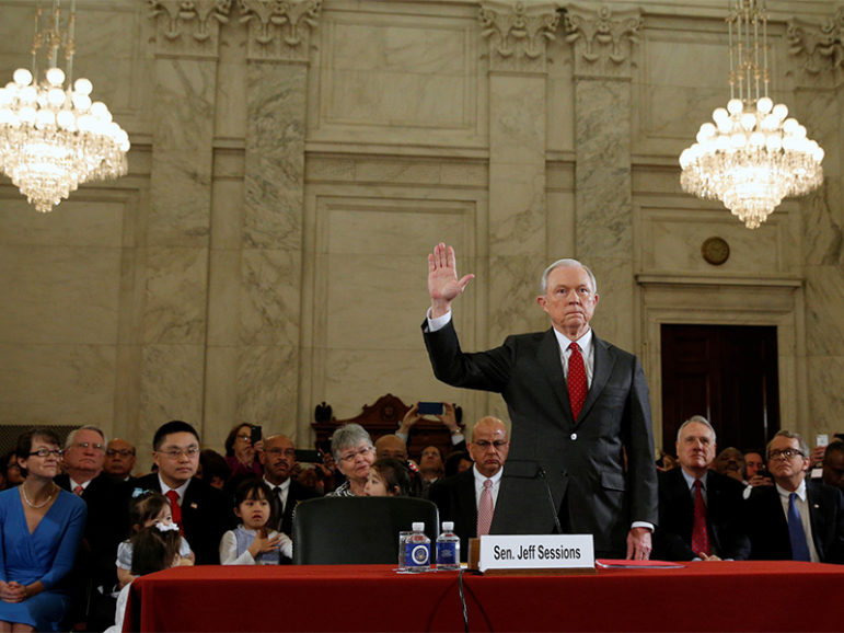 Sen. Jeff Sessions, R-Ala., is sworn in to testify at a Senate Judiciary Committee confirmation hearing to become U.S. attorney general on Capitol Hill in Washington, D.C., on Jan. 10, 2017. Photo courtesy of Reuters/Kevin Lamarque
*Editors: This photo may only be republished with RNS-SCHMIDT-OPED, originally published on Feb. 8, 2017.