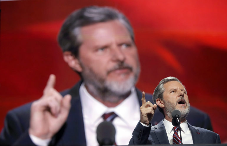 Liberty University President Jerry Falwell Jr. speaks during the final day of the Republican National Convention in Cleveland on July 21, 2016. Photo courtesy of Reuters/Brian Snyder
