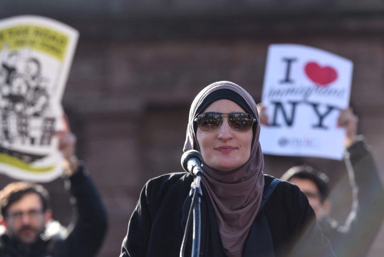 Activist Linda Sarsour addresses the crowd during a protest against President Donald Trump's travel ban, in New York City on Jan. 29, 2017. Photo courtesy of Reuters/Stephanie Keith