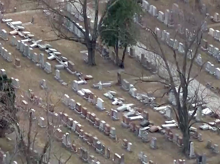 Dozens of vandalized headstones are seen at Chesed Shel Emeth Cemetery in St. Louis on Feb. 20, 2017.  Screengrab from KSDK-St. Louis video
