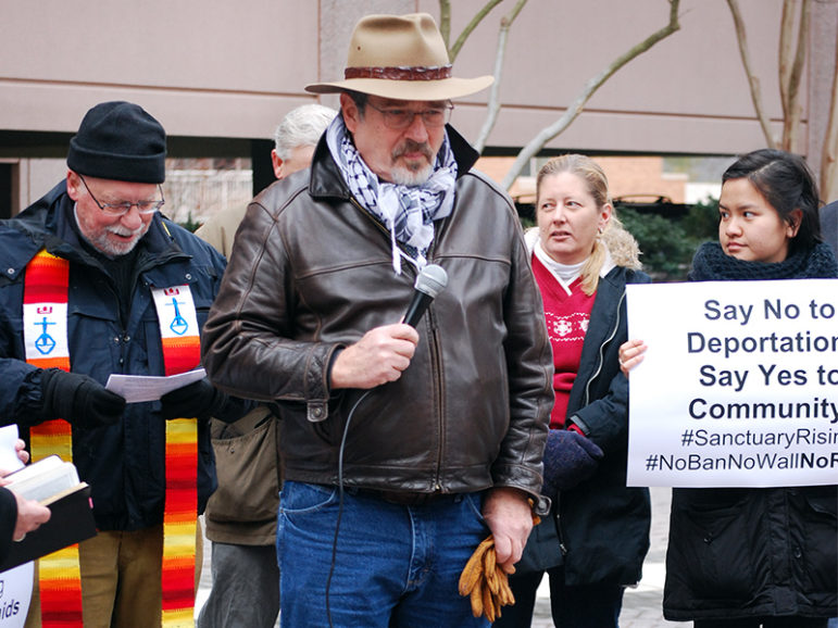 Methodist pastor Keary Kincannon participates in a rally opposing President Trump’s immigration agenda outside Immigration and Customs Enforcement  headquarters in Fairfax, Virginia, on Feb. 16, 2017.  Photo courtesy of  GBCSUMC