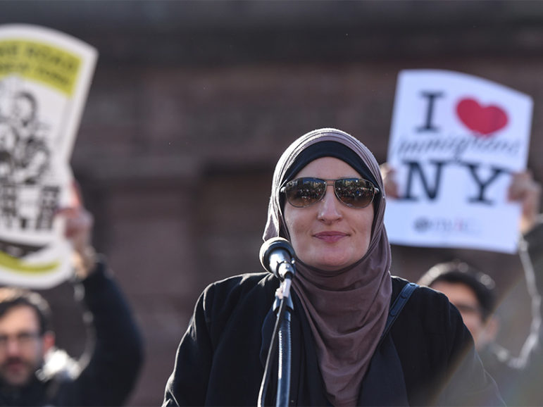 Activist Linda Sarsour addresses the crowd during a protest Jan. 29, 2017, in New York City against President Trump's travel ban. Photo courtesy of Reuters/Stephanie Keith
