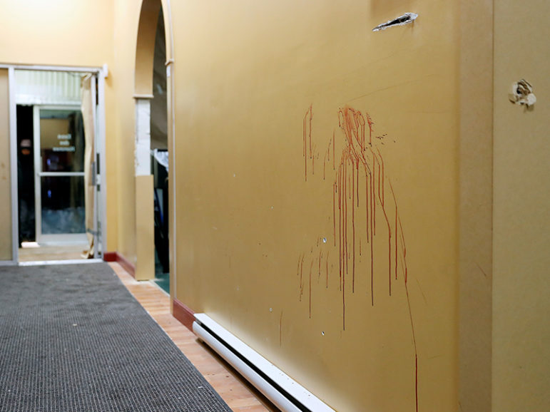 Bloodstains and bullet holes are pictured inside the Quebec Islamic Cultural Centre in Quebec City, Quebec, Canada, on Jan. 31, 2017. Photo courtesy of Reuters/Mathieu Belanger 
*Editors: This photo may only be republished with RNS-QUEBEC-AFTERMATH, originally transmitted on Feb. 3, 2017.