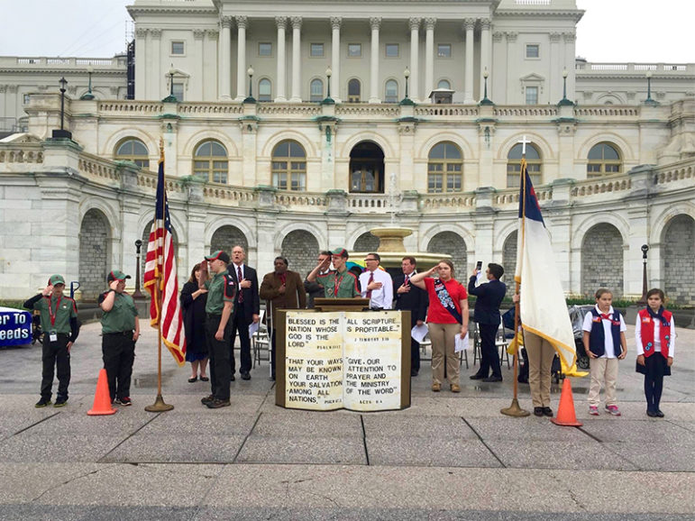 Trail Life and American Heritage Girls troops from Virginia, Pennsylvania and Texas participate in the 27th Annual DC Bible Reading Marathon on May 5, 2016, in Washington, D.C. Photo courtesy of Trail Life Troop VA-0412