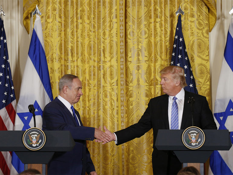 President Trump, right, greets Israeli Prime Minister Benjamin Netanyahu after a joint news conference at the White House in Washington, D.C., on Feb. 15, 2017. Photo courtesy of Reuters/Kevin Lamarque