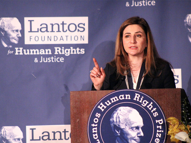 Iraqi lawmaker Vian Dakhil speaks after receiving the Lantos Human Rights Prize at a Capitol Hill ceremony on Feb. 8, 2017. RNS photo Adelle M. Banks