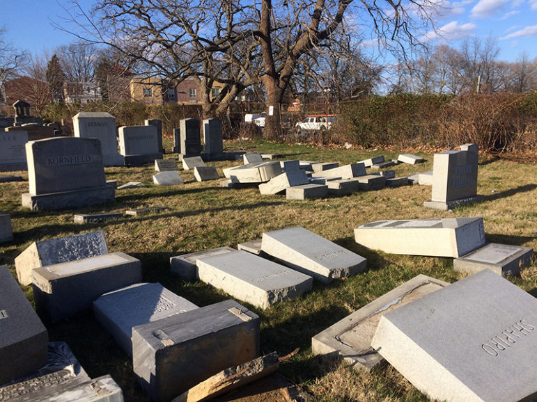 Vandalized tombstones at Mount Carmel Cemetery in Philadelphia on Feb. 26, 2017. Photo courtesy of Rabbi Adam Zeff
