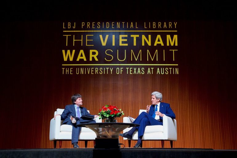 Secretary of State John Kerry speaks with historian and filmmaker Ken Burns, whose 10-part, 18-hour documentary series The Vietnam War—which will air on PBS this September—was funded in part by a grant from the National Endowment for the Humanities | Photo Credit: U.S. Department of State