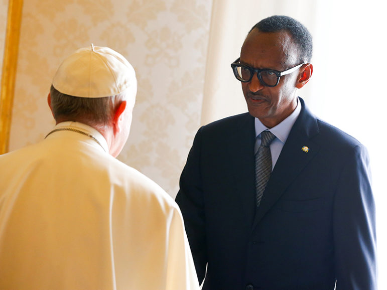 Rwanda's President Paul Kagame greets Pope Francis during a private meeting at the Vatican March 20, 2017. Photo courtesy of REUTERS/Tony Gentile