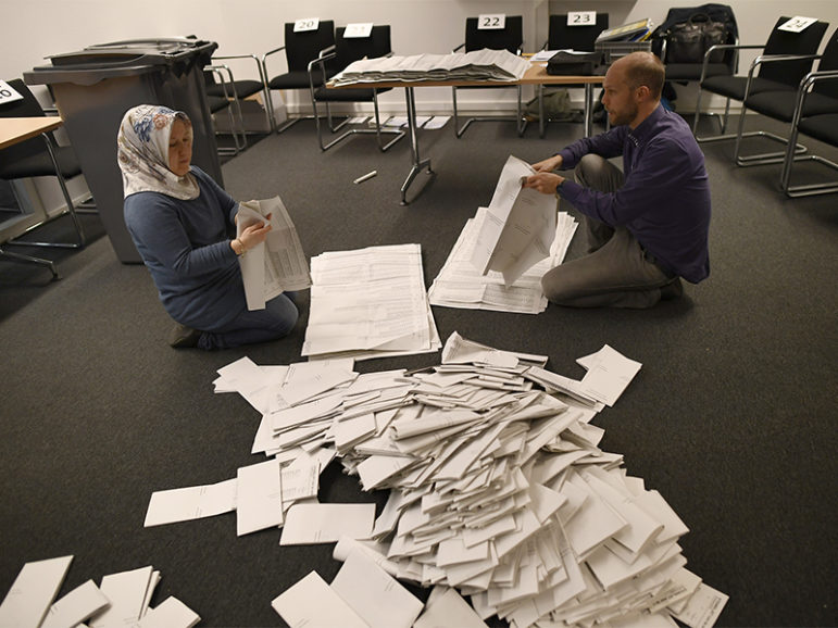 Ballots are counted after polling stations close in The Hague, Netherlands, on March 15, 2017. Photo courtesy of Reuters/Dylan Martinez 
*Editors: This photo may only be republished with RNS-NETHERLANDS-FAITH, orginally transmitted on March 16, 2017.