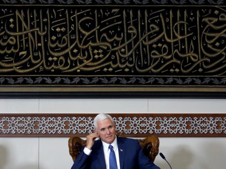 Vice President Mike Pence listens during a meeting with Indonesian Muslim community leaders April 20, 2017, at the Istiqlal Mosque in Jakarta, Indonesia. RNS photo by Beawiharta/Reuters