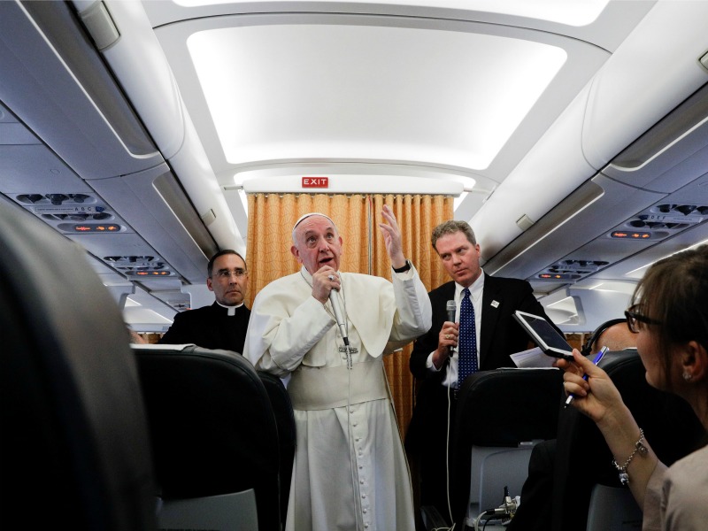 Pope Francis talks to journalists during a press conference on his return flight April 29, 2017, from Cairo to Rome. Photo by Gregorio Borgia/REUTERS/pool