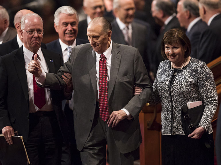 President Thomas S. Monson exits a session of the LDS General Conference on April 1, 2017. Courtesy of Intellectual Reserve Inc. 
