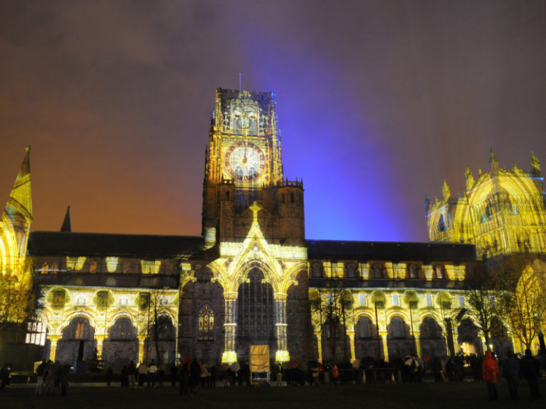 Pages from the Lindisfarne Gospels are projected onto Durham Cathedral in Durham, northern England, on Nov. 12, 2009. Photo courtesy REUTERS/Nigel Roddis