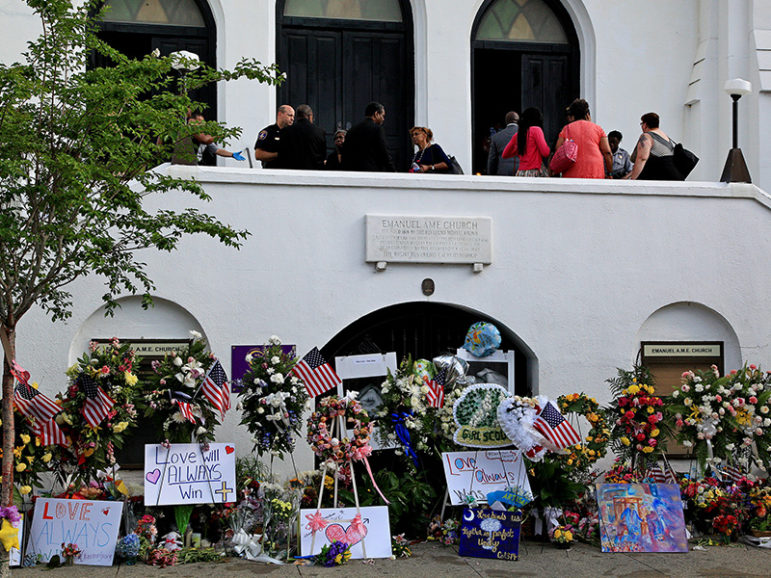 A memorial to shooting victims is set up in front of Mother Emanuel African Methodist Episcopal Church in Charleston, S.C., on June 28, 2015.  Photo courtesy of Creative Commons/Matt Drobnik