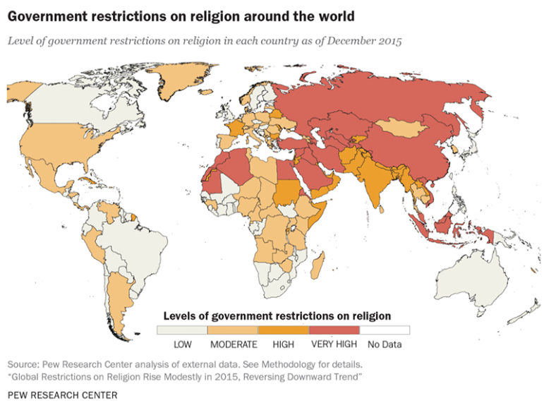 “Government restrictions on religion around the world.” Graphic courtesy of Pew Research Center