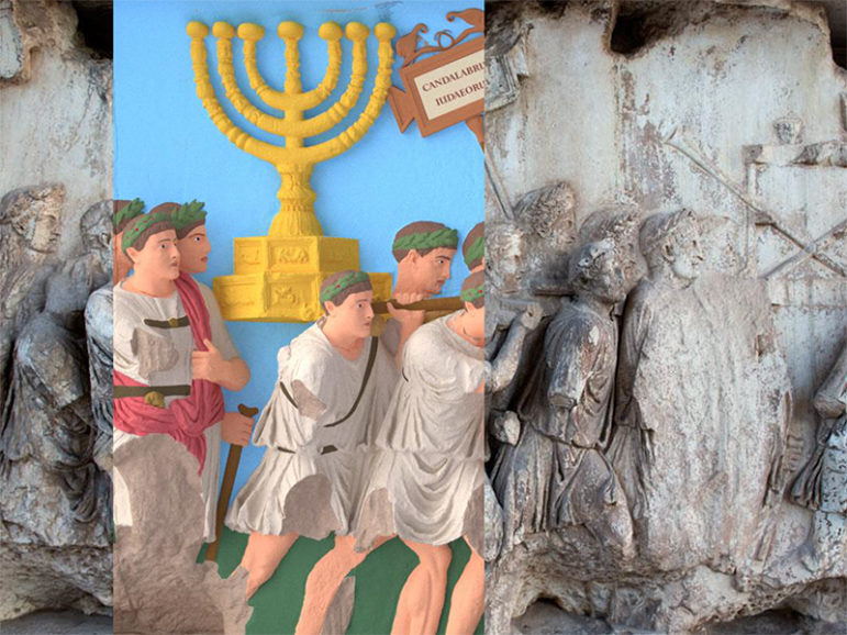 A digital re-creation of the Arch of Titus where Roman soldiers are depicted with treasures seized after their conquest of Jerusalem is overlaid on top of a photo of the original. The scene commemorates the victory parade that took place after the Romans destroyed Jerusalem and sacked the Temple in 70 A.D., in one of the decisive events of the First Jewish War (66-74 A.D.). Image courtesy of the Institute for the Visualization of History Inc.