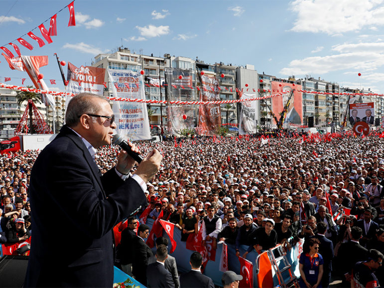 Turkish President Tayyip Erdogan addresses his supporters during a rally for the upcoming referendum in Izmir, Turkey, on April 9, 2017. Photo courtesy of Reuters/Umit Bektas