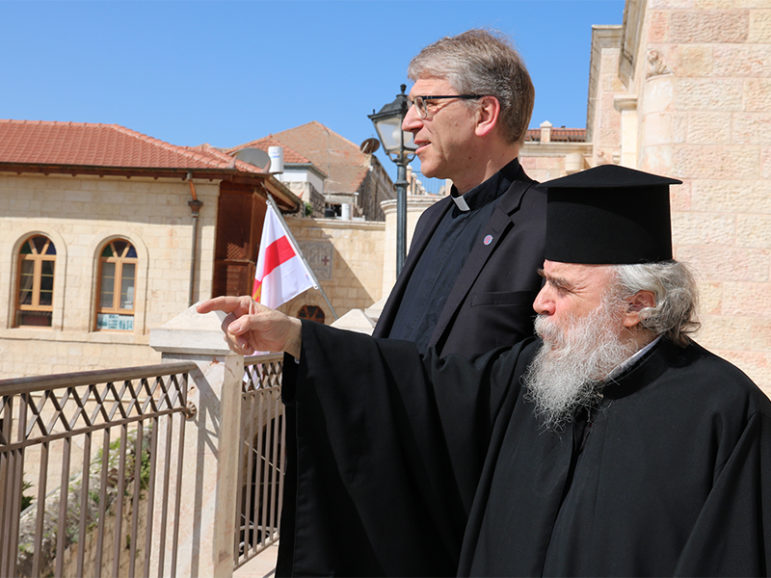 The Rev. Olav Fykse Tveit, left, general secretary of the World Council of Churches, visits Jerusalem on March 31, 2017, to meet with local church leaders and members of WCC's programs working for peace and justice in Israel and Palestine. Photo courtesy of Ivars Kupcis/WCC