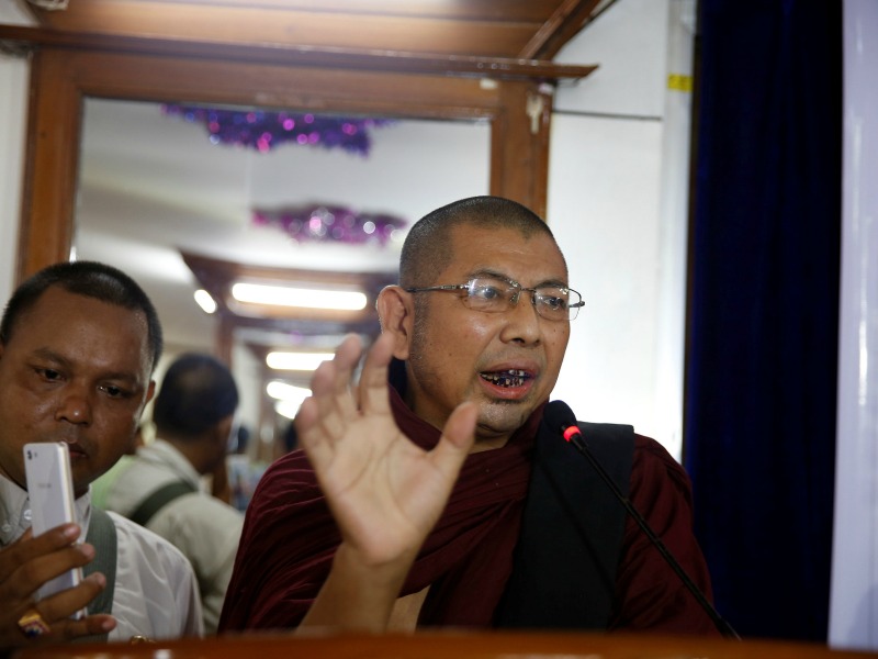 Parmaukkha talks to media during a news conference about a scuffle between Buddhist nationalists and Muslims on May 11, 2017, in Yangon, Myanmar. Picture taken on May 11, 2017. Photo by Soe Zeya Tun/Reuters