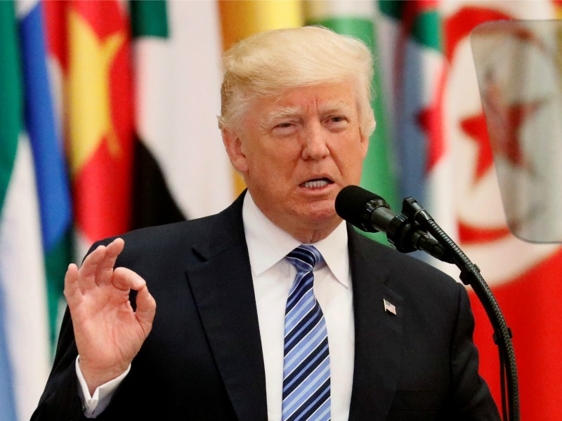 President Donald Trump delivers a speech during the Arab-Islamic-American Summit on May 21, 2017, in Riyadh, Saudi Arabia. Photo courtesy of Reuters/Jonathan Ernst