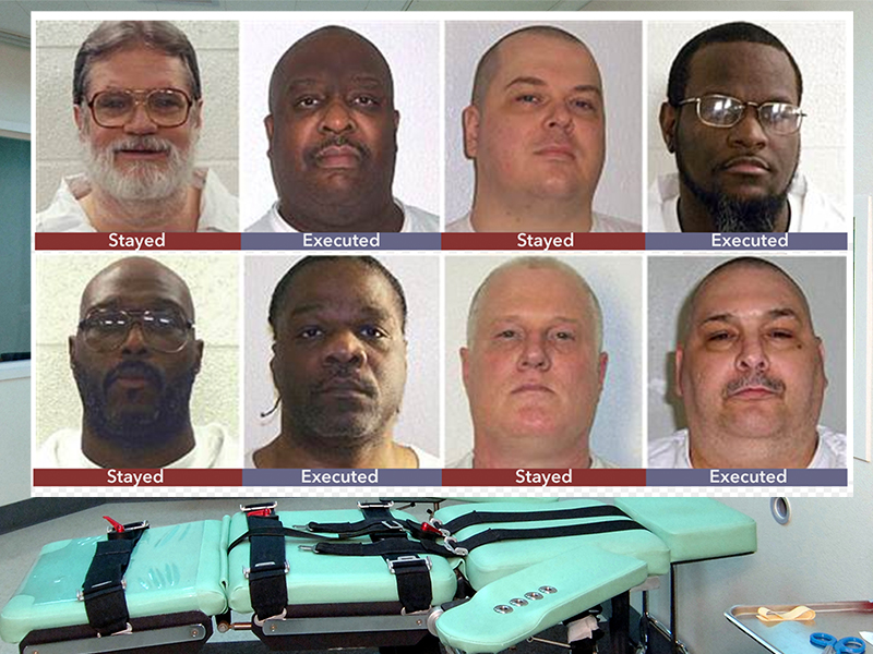 The eight men scheduled for execution in Arkansas were,top row left to right, Bruce Ward, Marcel Williams, Jason McGehee and Kenneth Williams; bottom row, left to right, Stacey Johnson, Ledell Lee, Don Davis and Jack Jones. Four of the men were executed in April. Images courtesy of Arkansas Department of Corrections