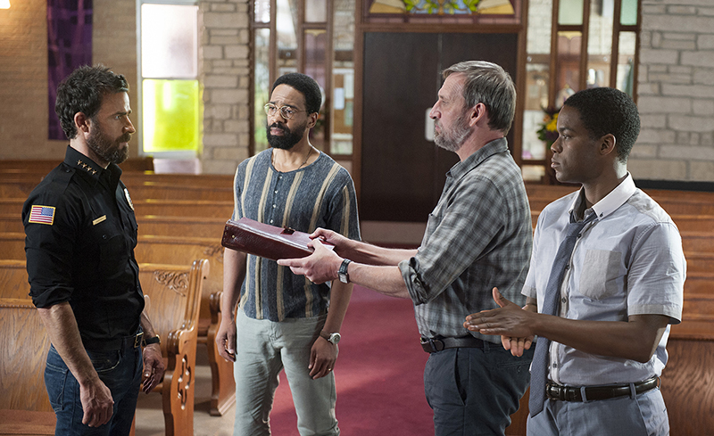 Justin Theroux as Kevin Garvey, from left, Kevin Carroll as John Murphy, Christopher Eccleston as Matt Jamison, and Jovan Adepo as Michael Murphy in a scene from “The Leftovers.” Photo courtesy of Van Redin/HBO