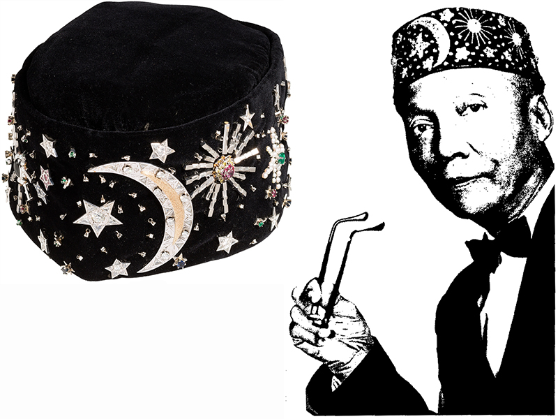 On the right, Nation of Islam leader Elijah Muhammad wearing a kofia in a 1965 FBI monograph. One of Muhammad's kofia that is similar in style, left, will be auctioned.  Muhammad image courtesy of Creative Commons. Kofia image, left, courtesy of Heritage Auctions, HA.com