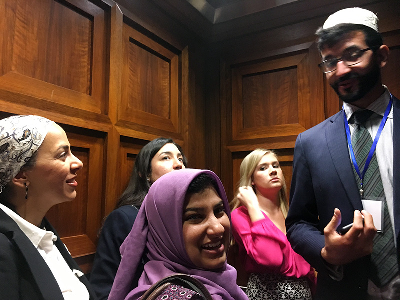 Al-Sharif Nassef, far right, a participant in the third annual Muslim Advocacy Day on Capitol Hill, takes an elevator to an appointment on May 2, 2017. RNS photo by Lauren Markoe