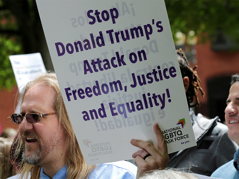 LGBT groups rally to oppose the religious freedom executive order that President Trump is expected to sign, outside the White House in Washington, D.C, on May 3, 2017. Photo courtesy of Reuters/Yuri Gripas