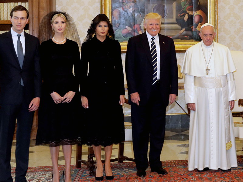 Pope Francis poses with President Trump, second right; first lady Melania Trump, center; Jared Kushner, left; and Ivanka Trump during a private audience at the Vatican on May 24, 2017. (AP Photo/Alessandra Tarantino)