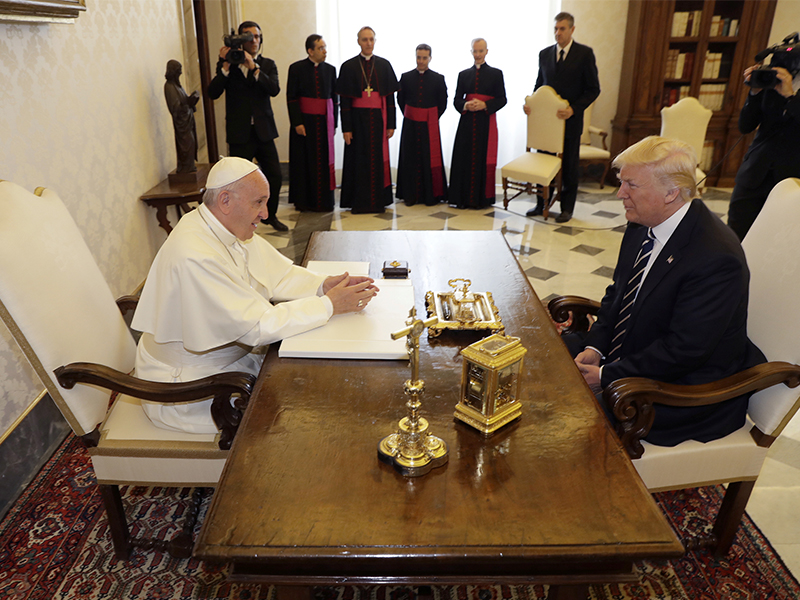 Pope Francis meets President Trump during a private audience at the Vatican on May 24, 2017. Photo courtesy of Reuters/Evan Vucci/Pool